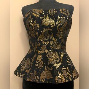 Bebe Black & Gold Jacquard Peplum Bustier Top